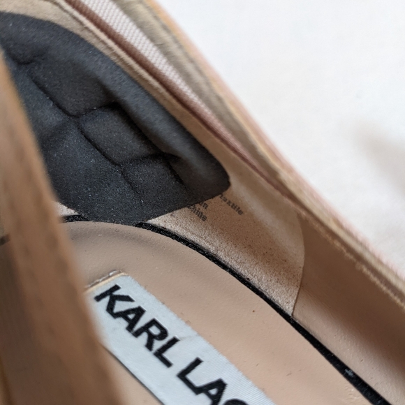 Karl Lagerfeld Sz 6.5 Pump Tan Black Colorblok Cut Out Mirror Chunky Block Heel - Picture 10 of 16